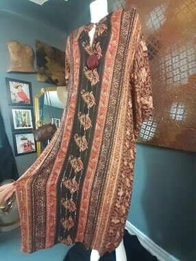 Zara Boho Floral Stripe Maxi Kaftan Dress in Rust and Black